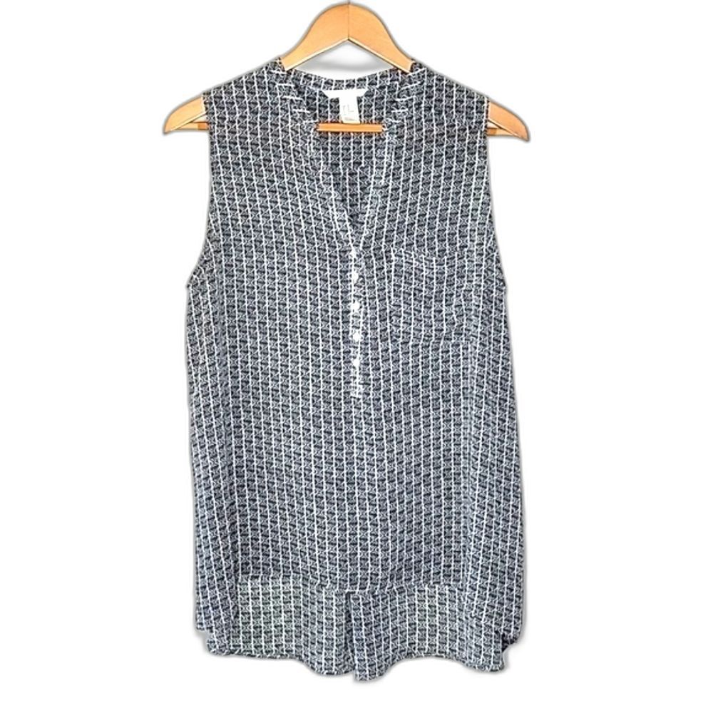 H&M Black White Sheer Sleeveless Loose Fitting Flowy Tunic Blouse Tank Top sz 10
